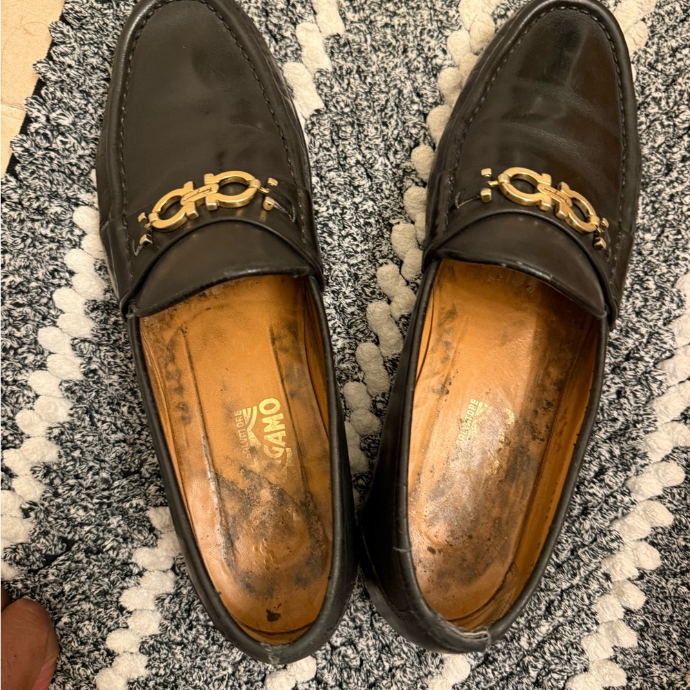 Salvatore Ferragamo Black Loafers with Gold Accent